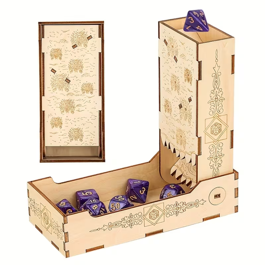 Tour à Dés en Bois Pliable - Design Gravé Fantasy pour D&D et Jeux de Rôle