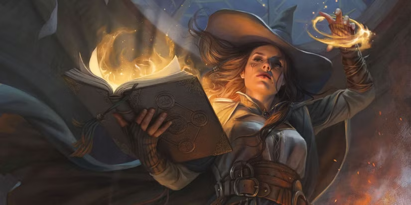 Une sorcière puissante lance un sortilège avec un grimoire enflammé, illustrant les erreurs à éviter pour devenir maître du jeu dans un contexte fantastique.