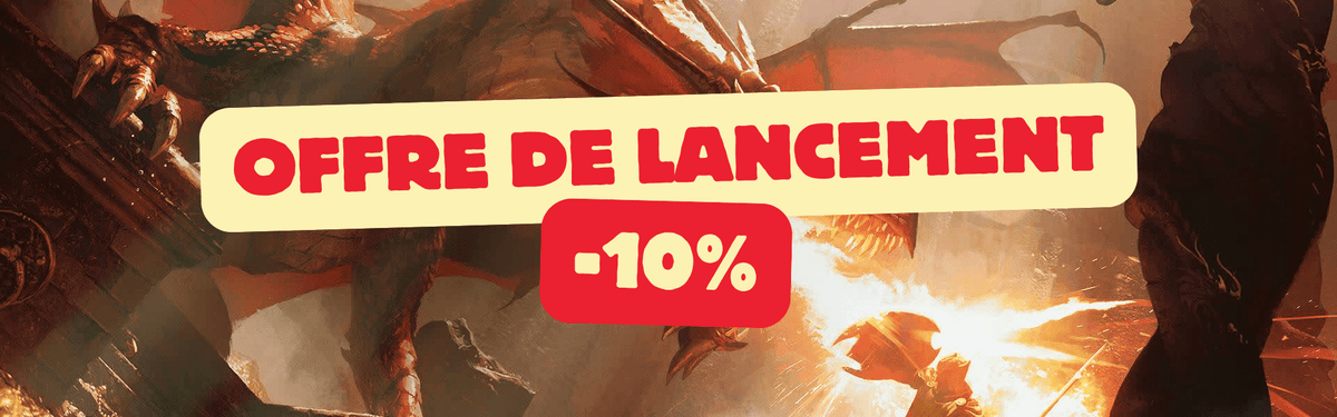Illustration d'un dragon de fantasy en combat avec un guerrier, promotion d'une offre de lancement avec -10% pour un jeu vidéo d'aventure épique.