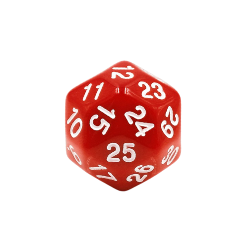 Dé rouge 30 faces (D30) avec chiffres blancs, robuste et lisible, idéal pour jeux de rôle et tirages aléatoires, SKU: EFD0095