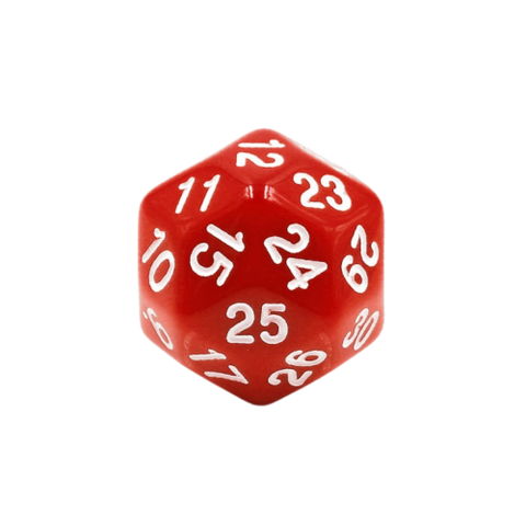 Dé rouge 30 faces (D30) avec chiffres blancs, robuste et lisible, idéal pour jeux de rôle et tirages aléatoires, SKU: EFD0095