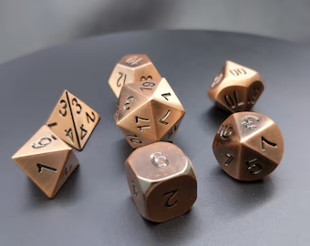 Set de Dés en Métal - Finition Cuivre Poli (7 Dés pour JDR) - Le Donjon de la Guilde