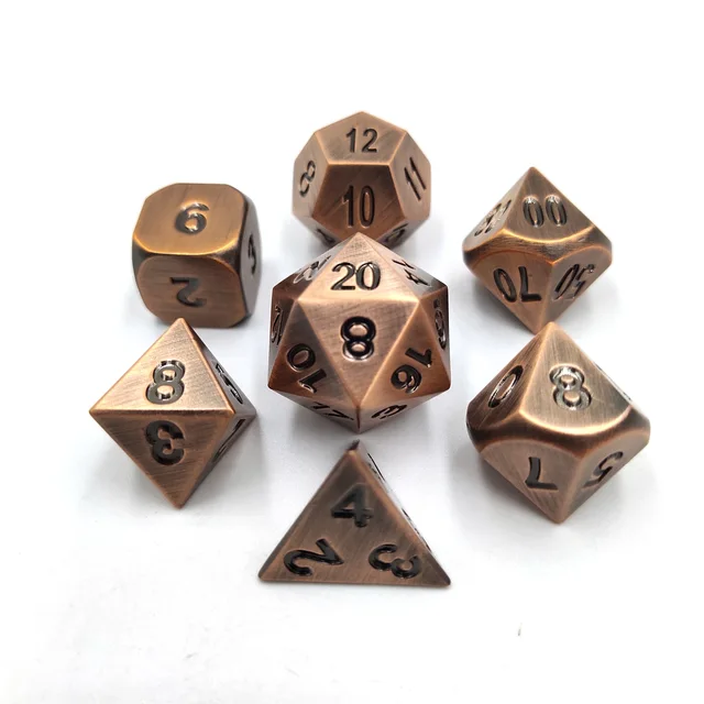 Set de Dés en Métal - Finition Cuivre Poli (7 Dés pour JDR) - Le Donjon de la Guilde