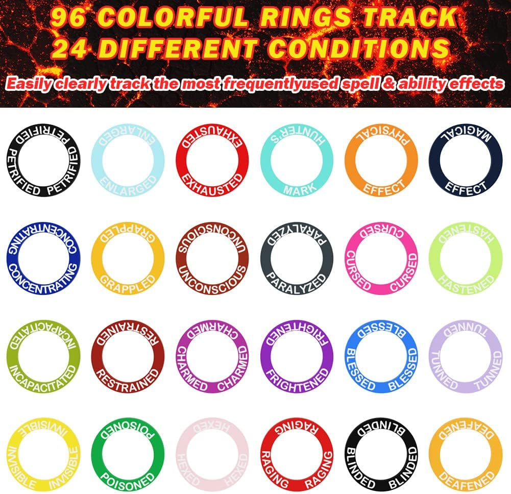 96 Anneaux Marqueurs de Statut RPG - 24 Effets pour D&D avec Boîte de Rangement