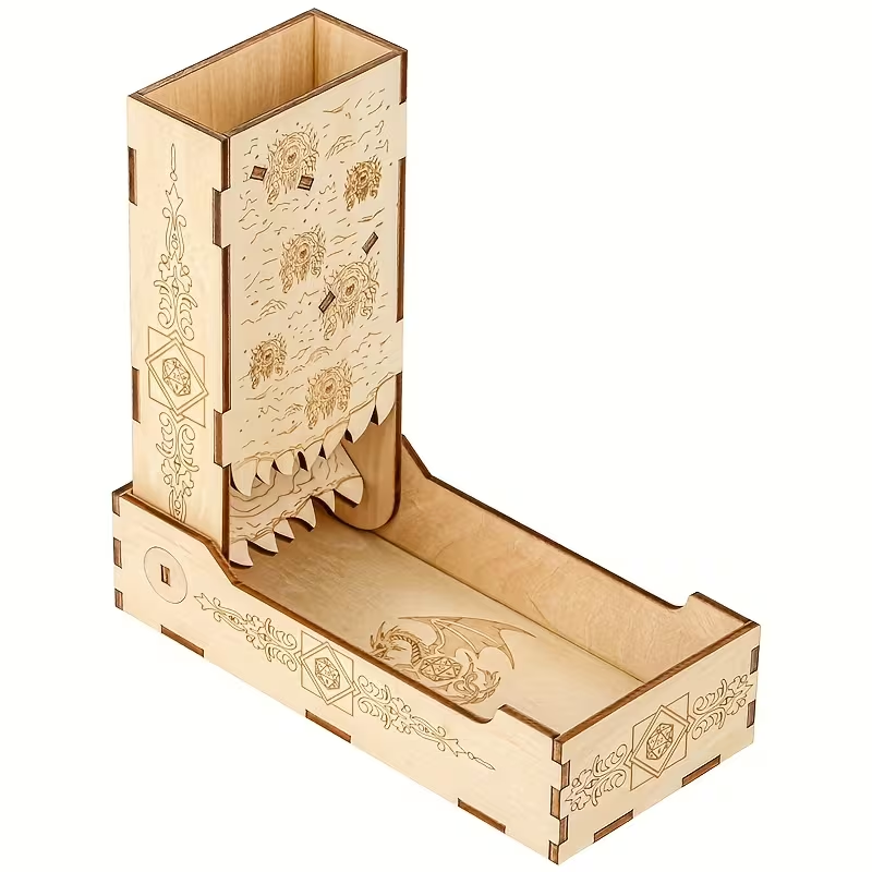Tour à Dés en Bois Pliable - Design Gravé Fantasy pour D&D et Jeux de Rôle