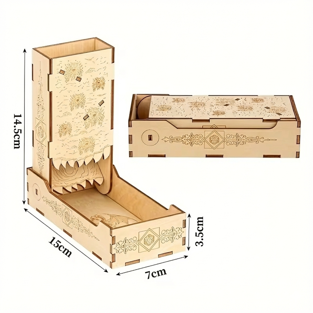 Tour à Dés en Bois Pliable - Design Gravé Fantasy pour D&D et Jeux de Rôle
