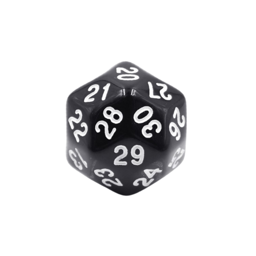 Dé 30 faces (D30) noir opaque avec chiffres blancs, robuste et lisible, idéal pour jeux de rôle et décomptes, SKU: EFD0094