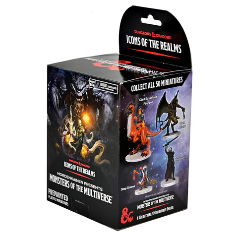 Boîte de figurines D&D Monsters of the Multiverse, figurines pré-peintes de monstres fantastiques, dragons, gnomes, et créatures mythiques, emballage noir avec logo rouge et blanc, collection de 4 miniatures, pour jeux de rôle, âge 14+.