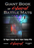 Couverture du livre de plateau de jeu Cyberpunk avec titre en gris et rouge, 62 pages de cartes pour jeux de rôle modernes, format A3