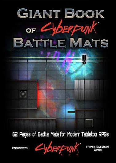 Couverture du livre de plateau de jeu Cyberpunk avec titre en gris et rouge, 62 pages de cartes pour jeux de rôle modernes, format A3