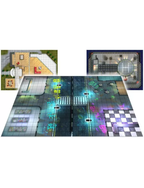 Images de cartes de terrain Cyberpunk avec bâtiments, intérieurs et extérieurs, pour jeux de rôle modernes, format A3