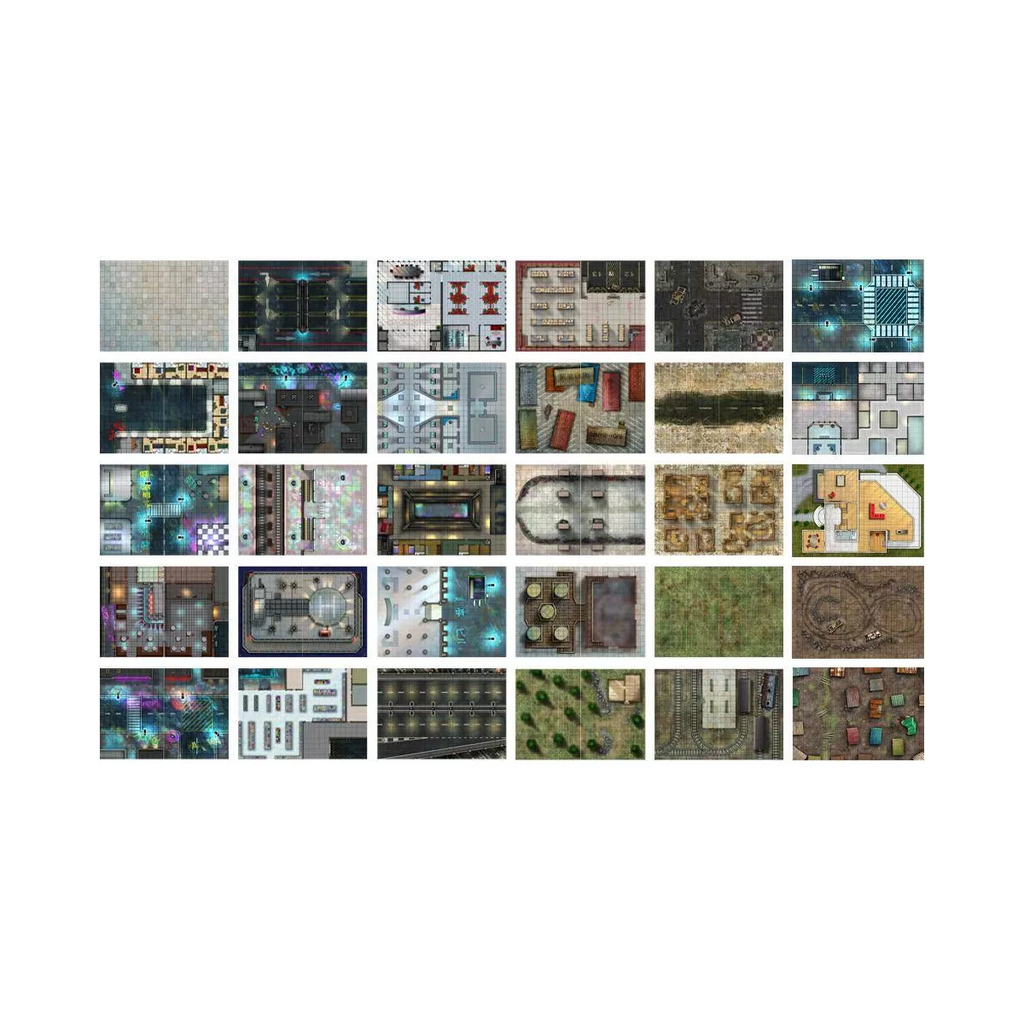 Collection de cartes de terrain Cyberpunk variées avec bâtiments, rues et environnements urbains pour jeux de rôle modernes, format A3