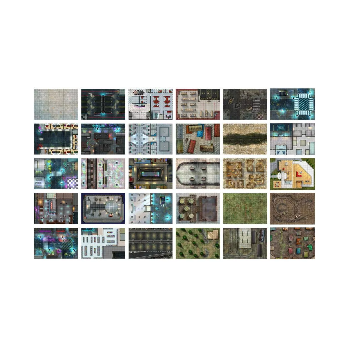 Collection de cartes de terrain Cyberpunk variées avec bâtiments, rues et environnements urbains pour jeux de rôle modernes, format A3