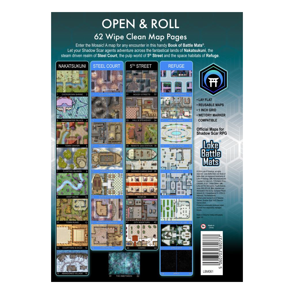 Page de couverture du livre de plans de bataille Shadow Scar avec cartes détaillées de différents environnements urbains et industriels, format A3