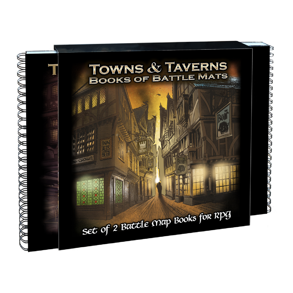 Couverture de livres de jeu de rôle avec illustration de rues médiévales, bâtiments en bois et enseignes, format 60x60cm, pack de 2