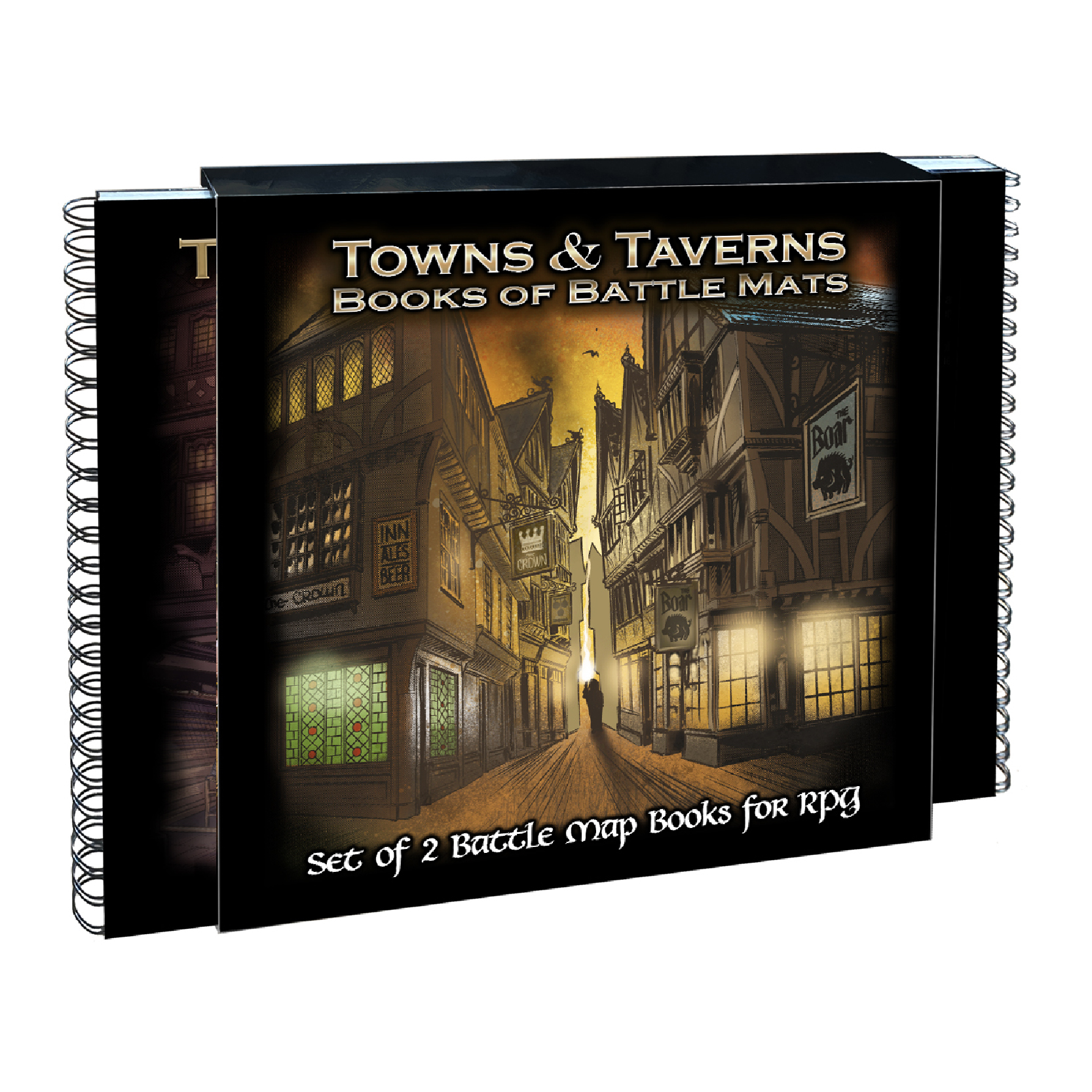 Couverture de livres de jeu de rôle avec illustration de rues médiévales, bâtiments en bois et enseignes, format 60x60cm, pack de 2